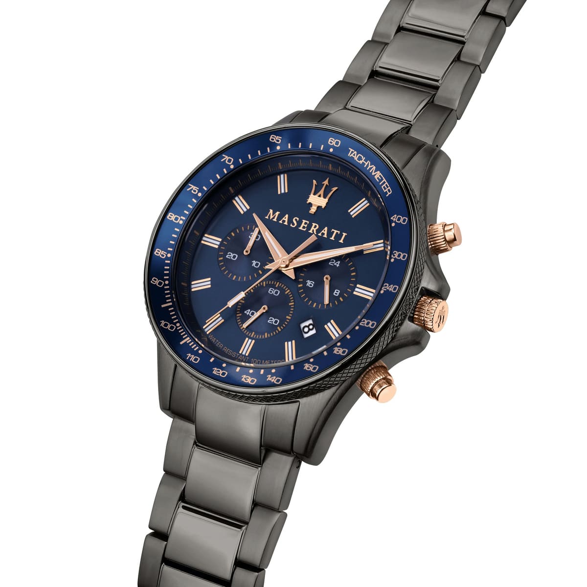 Right angled view of Maserati Sfida R8873640001 men's quartz battery watch highlighting gunmetal finish and rose gold-tone details