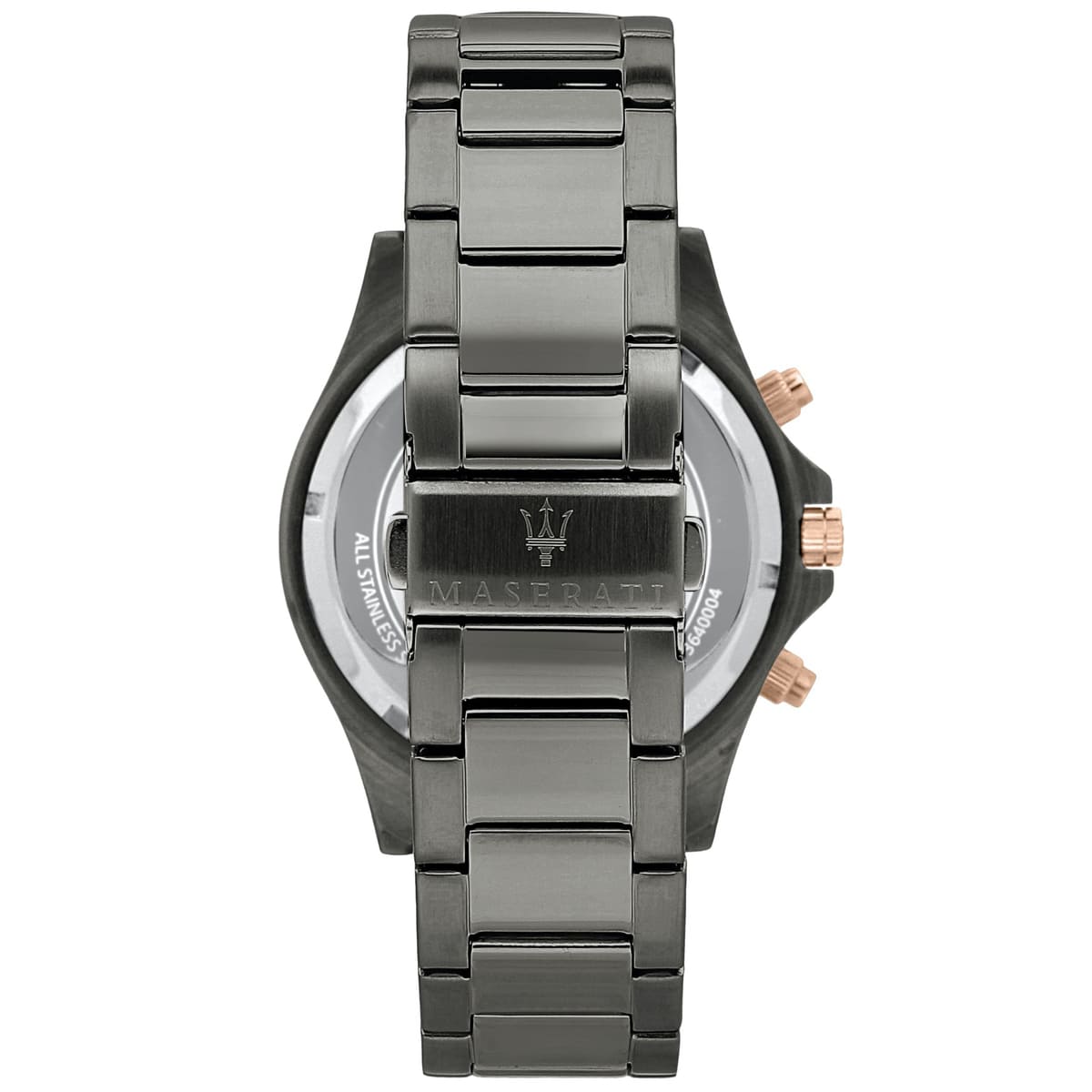Gunmetal gray deployment clasp on Maserati Sfida R8873640001 men's quartz battery gunmetal metal bracelet watch