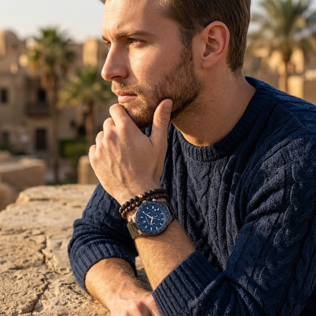 Elegant man wearing Maserati Sfida R8873640001 men's quartz battery watch with gunmetal case and luxury blue dial