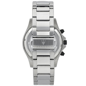 Caseback of Maserati Sfida R8873640003 men's quartz battery watch showing technical specs 100m water resistance and metal bracelet