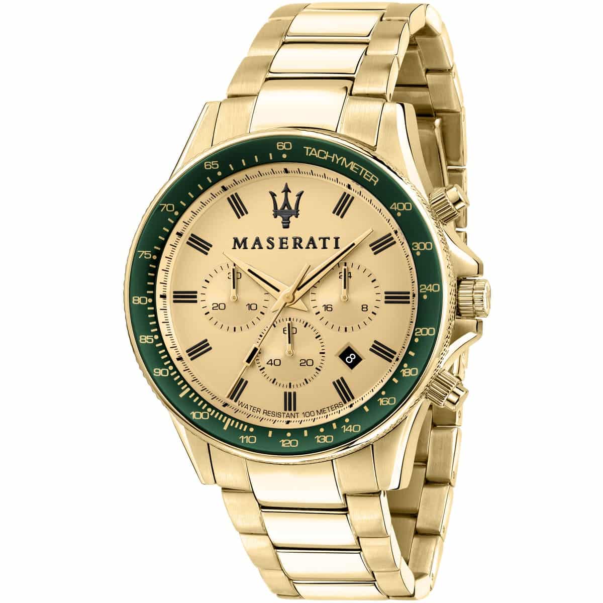 Maserati Sfida R8873640005 men's watch with full gold-tone stainless steel case and strap featuring a green tachymeter bezel