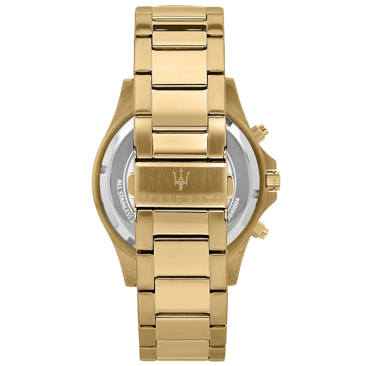 Gold-tone deployment clasp on Maserati Sfida R8873640008 men's quartz battery gold metal bracelet watch
