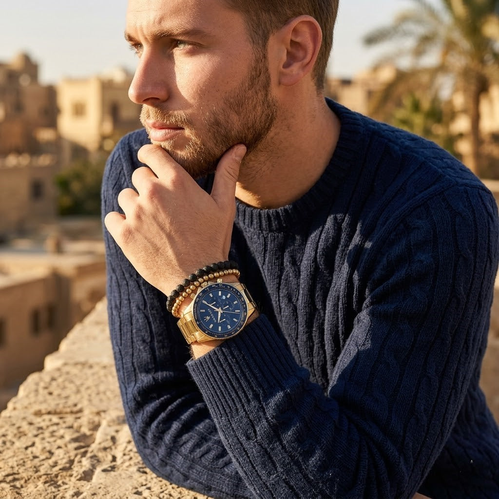 Elegant man wearing Maserati Sfida R8873640008 men's quartz battery watch with gold case and luxury blue dial