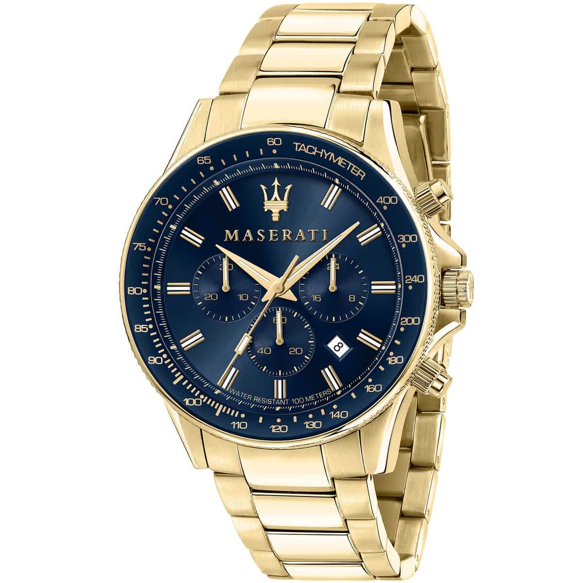 Maserati Sfida R8873640008 men's quartz battery watch with blue sunray dial, blue tachymeter bezel, gold-tone case and stainless steel bracelet main view