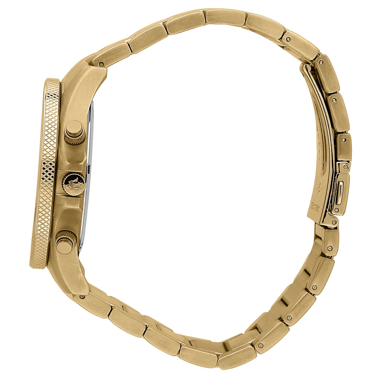 Side profile of Maserati Sfida R8873640008 men's quartz battery watch showing 11.5mm thickness and gold finish