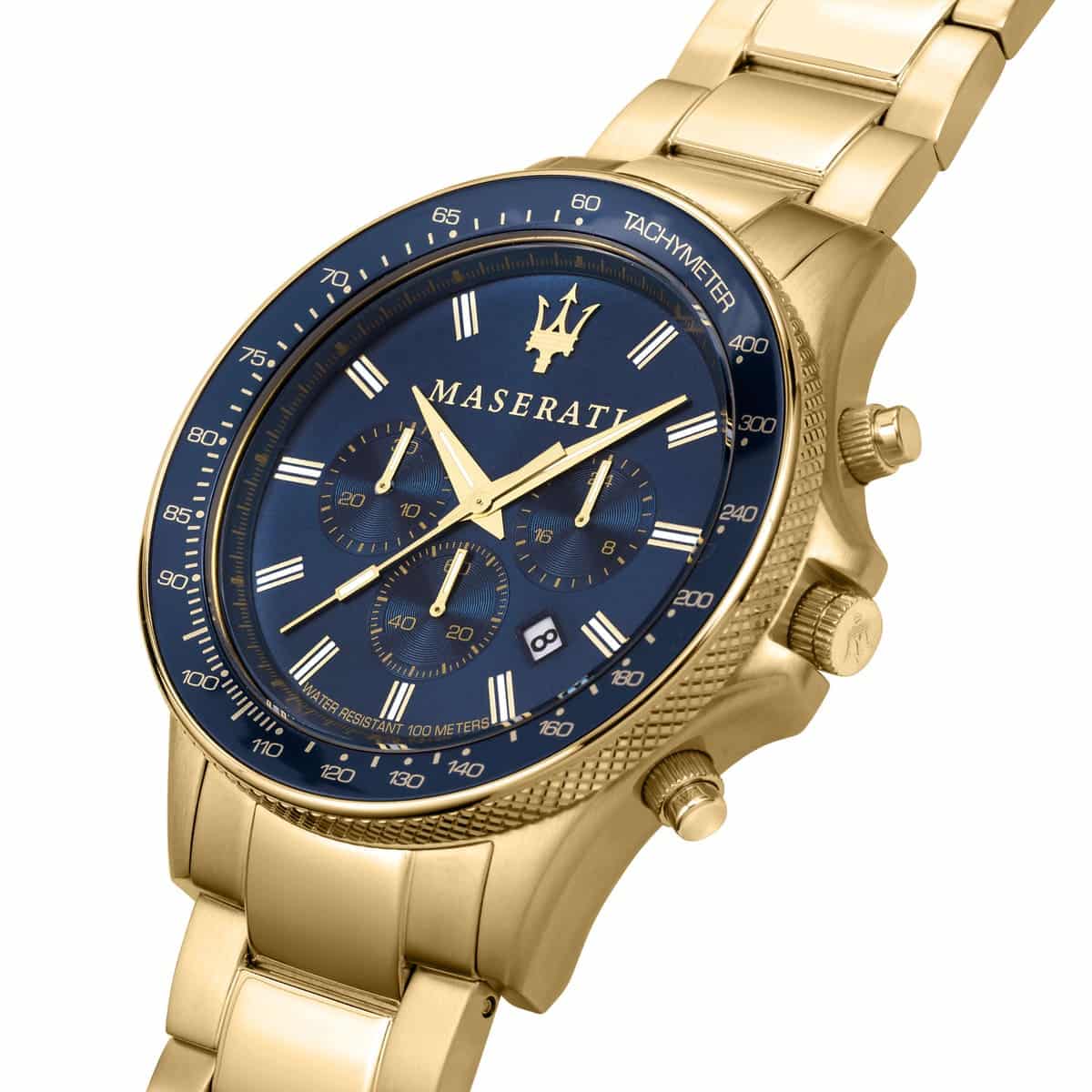 Gold Maserati watch with blue dial on a white background