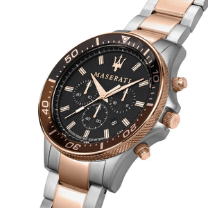 Right angled view of Maserati Sfida R8873640009 men's quartz battery watch highlighting rose gold bezel and pushers details