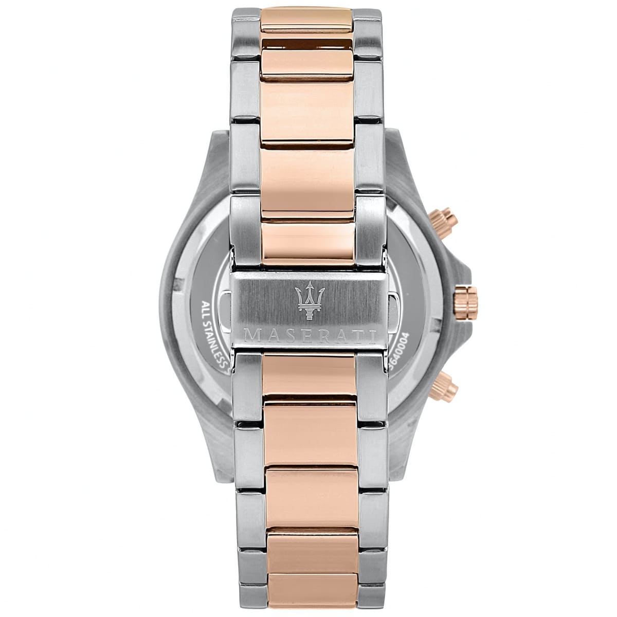 Caseback of Maserati Sfida R8873640009 men's quartz battery watch showing technical specs 100m water resistance and metal bracelet