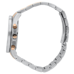 Detailed view of rose gold-tone crown and pushers on Maserati Sfida R8873640009 men's quartz battery watch with black dial
