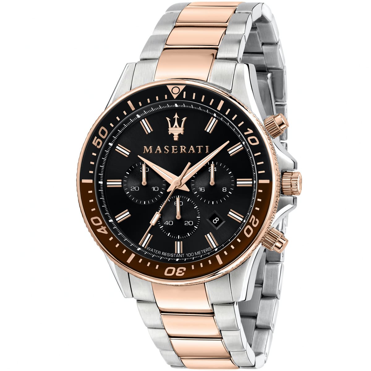 Maserati Sfida R8873640009 men's quartz battery watch with black dial, silver and rose gold-tone case, two-tone stainless steel bracelet main view