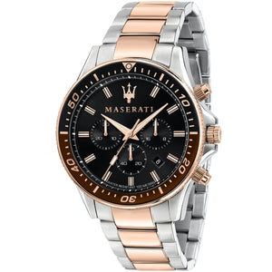 Maserati Sfida R8873640009 men's quartz battery watch with black dial, silver and rose gold-tone case, two-tone stainless steel bracelet main view