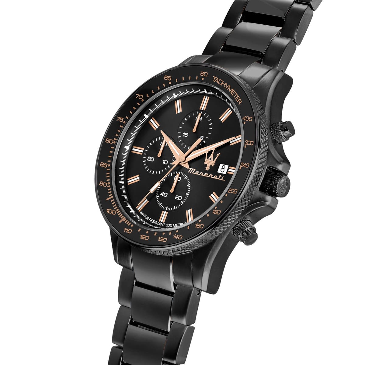 Right angled view of Maserati Sfida Chronograph R8873640011 men's quartz battery watch highlighting black finish and rose gold dial details
