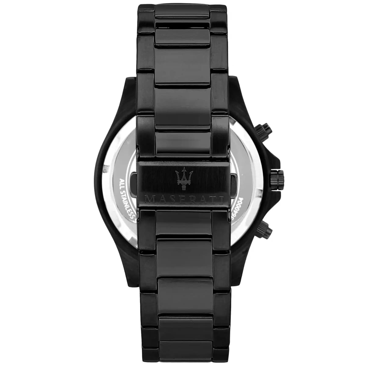 Black-tone deployment clasp on Maserati Sfida Chronograph R8873640011 men's quartz battery black integrated bracelet watch