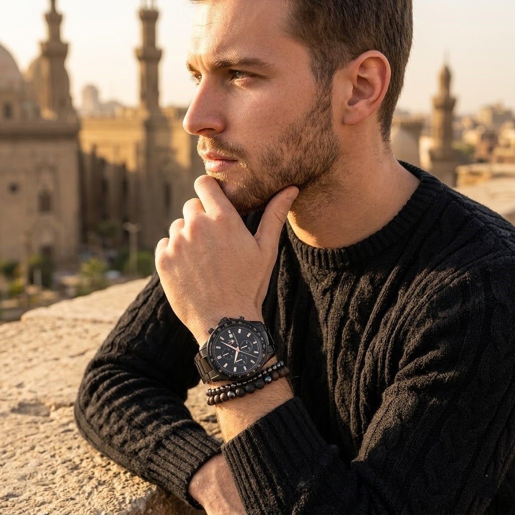 Elegant man wearing Maserati Sfida Chronograph R8873640011 men's quartz battery watch with black case and luxury racing black dial
