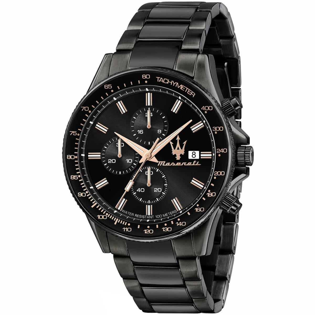 Maserati Sfida Chronograph R8873640011 men's quartz battery watch with black dial, rose gold-tone chronograph sub-dials, black tachymeter bezel, all-black PVD case and integrated stainless steel bracelet main view