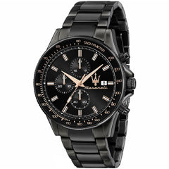 Maserati Sfida Chronograph R8873640011 men's quartz battery watch with black dial, rose gold-tone chronograph sub-dials, black tachymeter bezel, all-black PVD case and integrated stainless steel bracelet main view