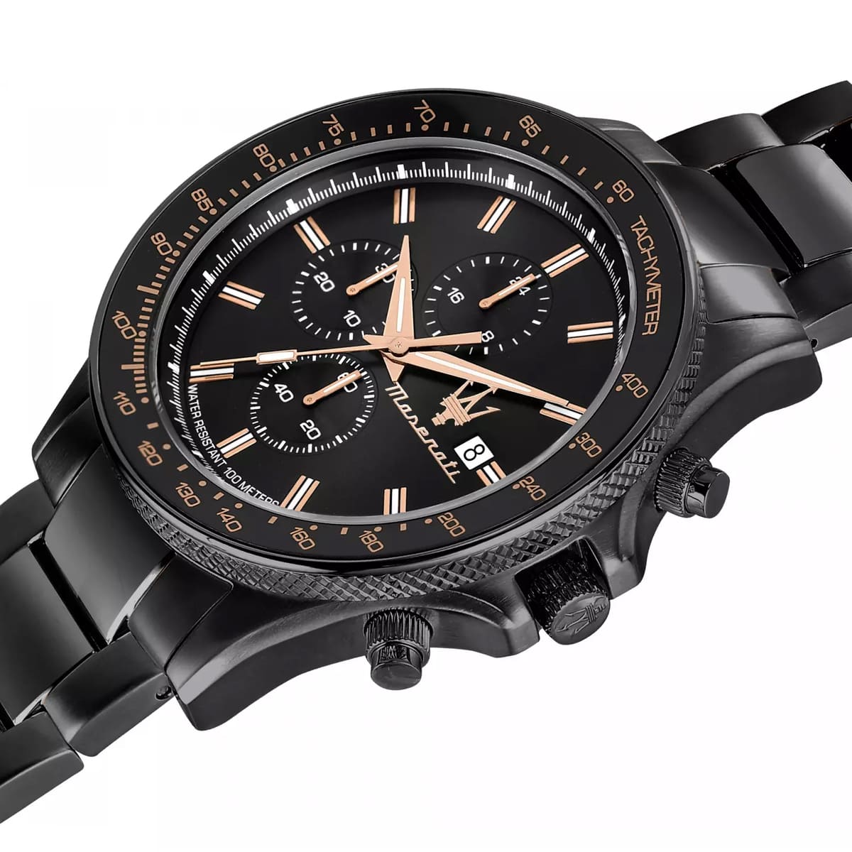 Left angled view of Maserati Sfida Chronograph R8873640011 men's quartz battery watch showing black integrated bracelet and stealth black case profile