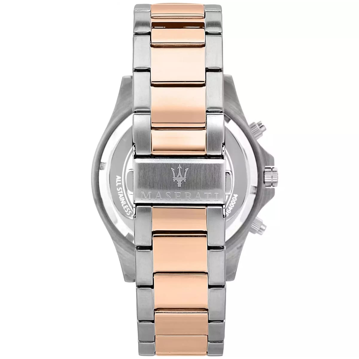 Two-tone deployment clasp on Maserati Sfida Chronograph R8873640012 men's quartz battery silver and rose gold integrated bracelet watch