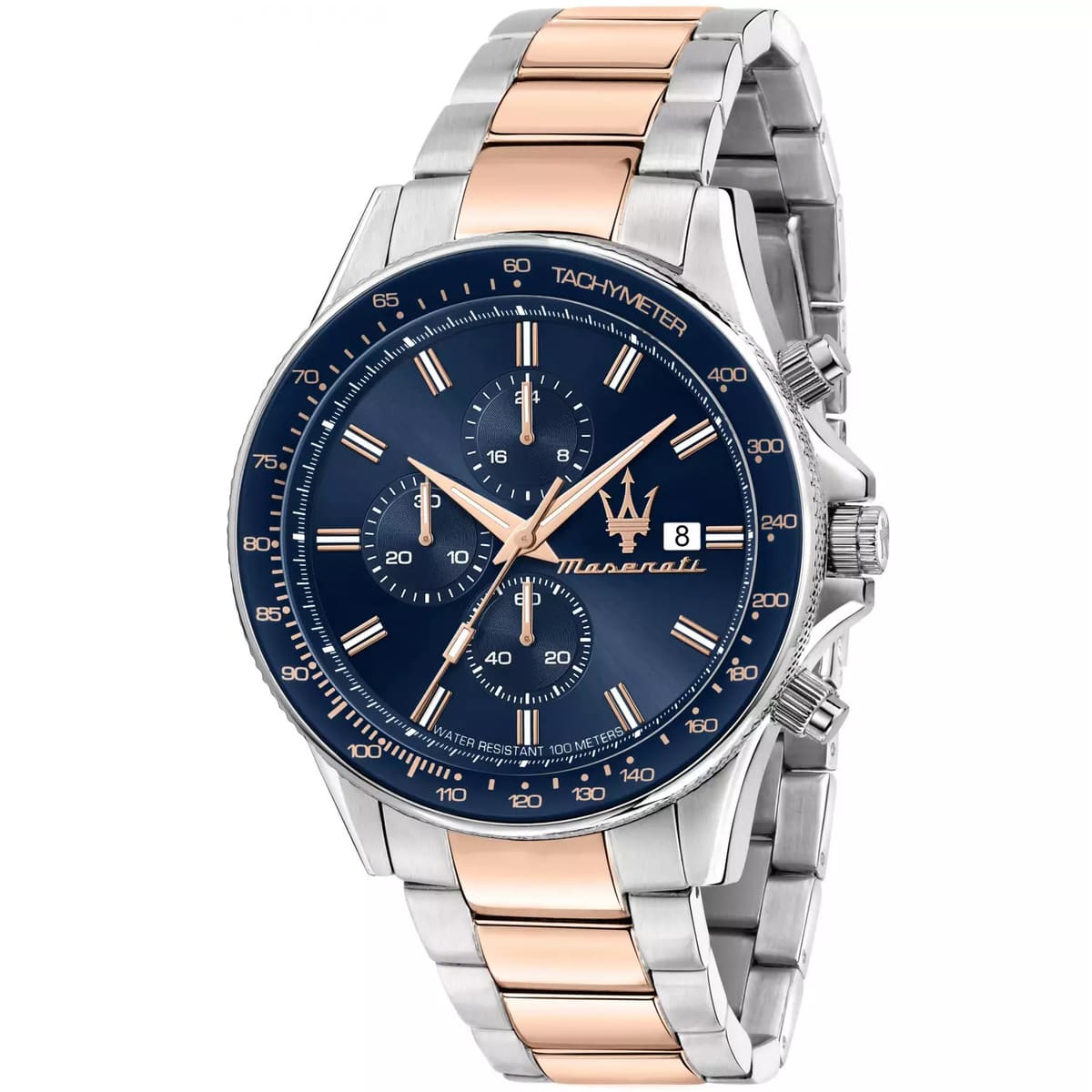 Maserati Sfida Chronograph R8873640012 men's quartz battery watch with blue dial, rose gold-tone chronograph sub-dials, blue tachymeter bezel, two-tone silver and rose gold case and integrated stainless steel bracelet main view