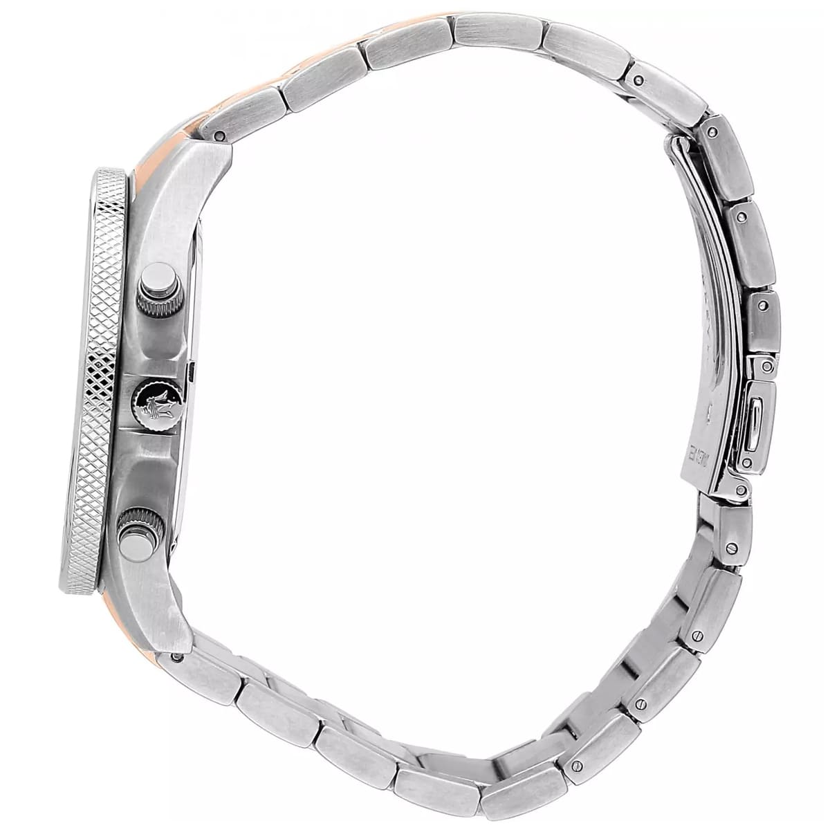 Side profile of Maserati Sfida Chronograph R8873640012 men's quartz battery watch showing 11.5mm thickness and two-tone finish