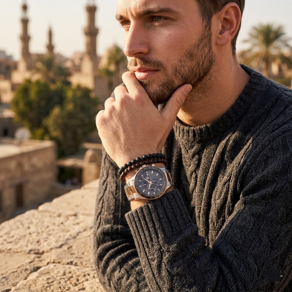 Elegant man wearing Maserati Sfida R8873640014 men's quartz battery watch with silver and rose gold-tone case and racing style dial
