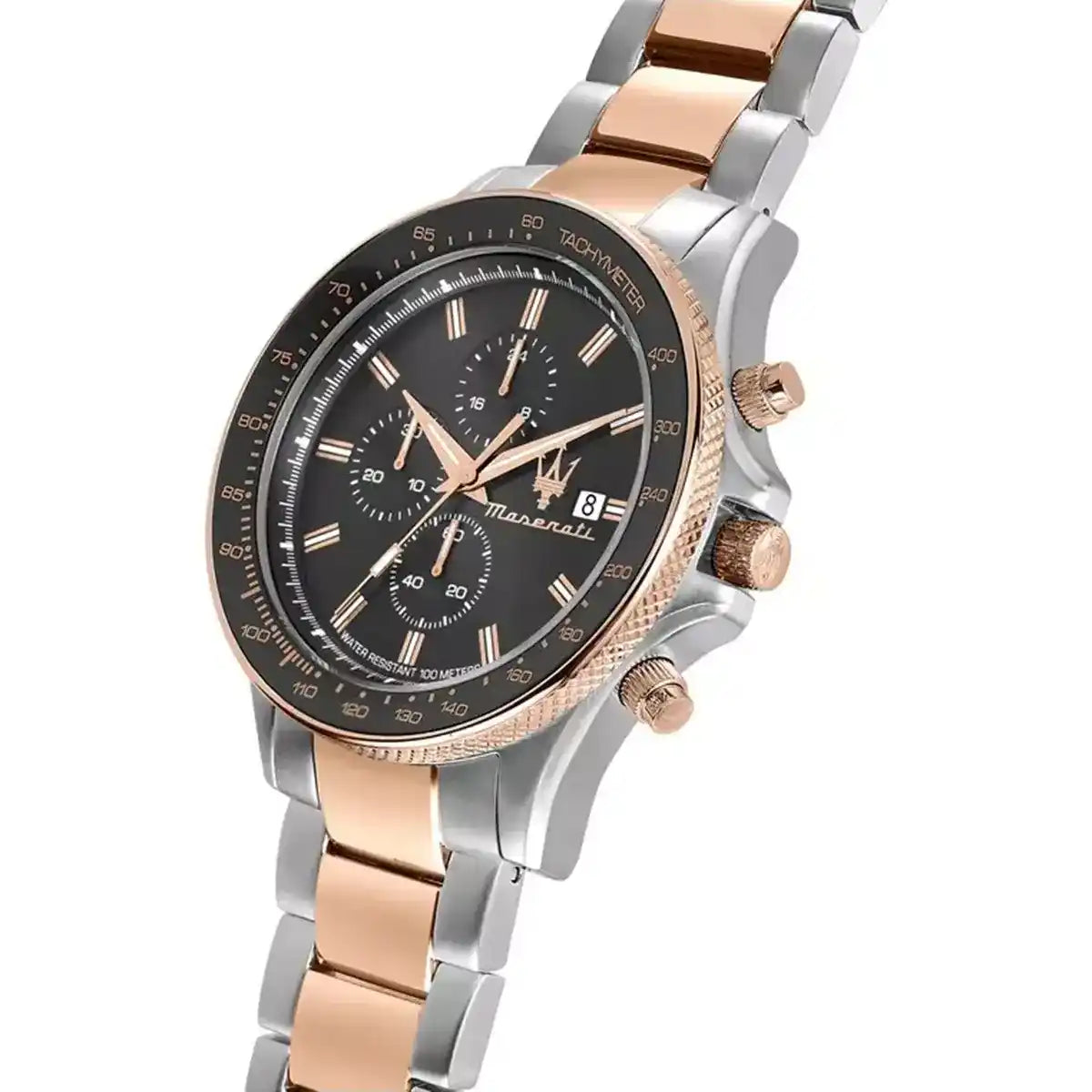 Left angled view of Maserati Sfida R8873640014 men's quartz battery watch showing two-tone stainless steel bracelet and case profile