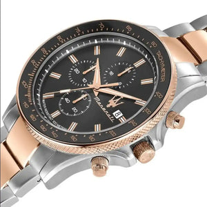 Side profile of Maserati Sfida R8873640014 men's quartz battery watch showing 11mm thickness and two-tone finish