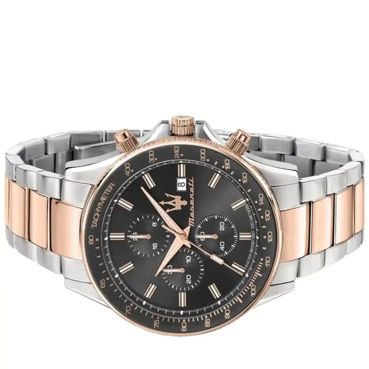 Live photo of Maserati Sfida R8873640014 men's quartz battery watch showing actual silver and rose gold finish and deep grey chronograph dial