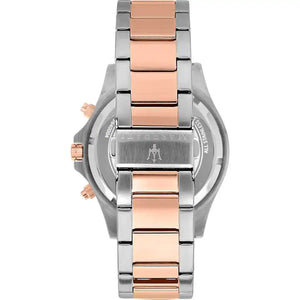 Caseback of Maserati Sfida R8873640014 men's quartz battery watch showing technical specs 100m water resistance and metal bracelet