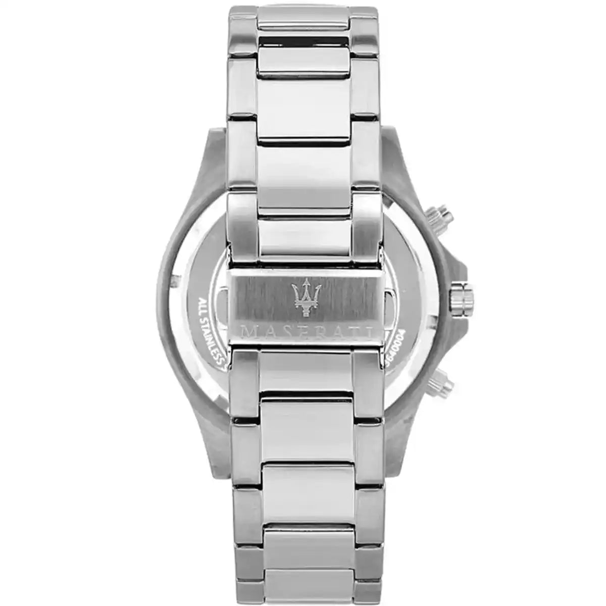Caseback of Maserati Sfida R8873640015 men's quartz battery watch showing technical specs 100m water resistance and metal bracelet