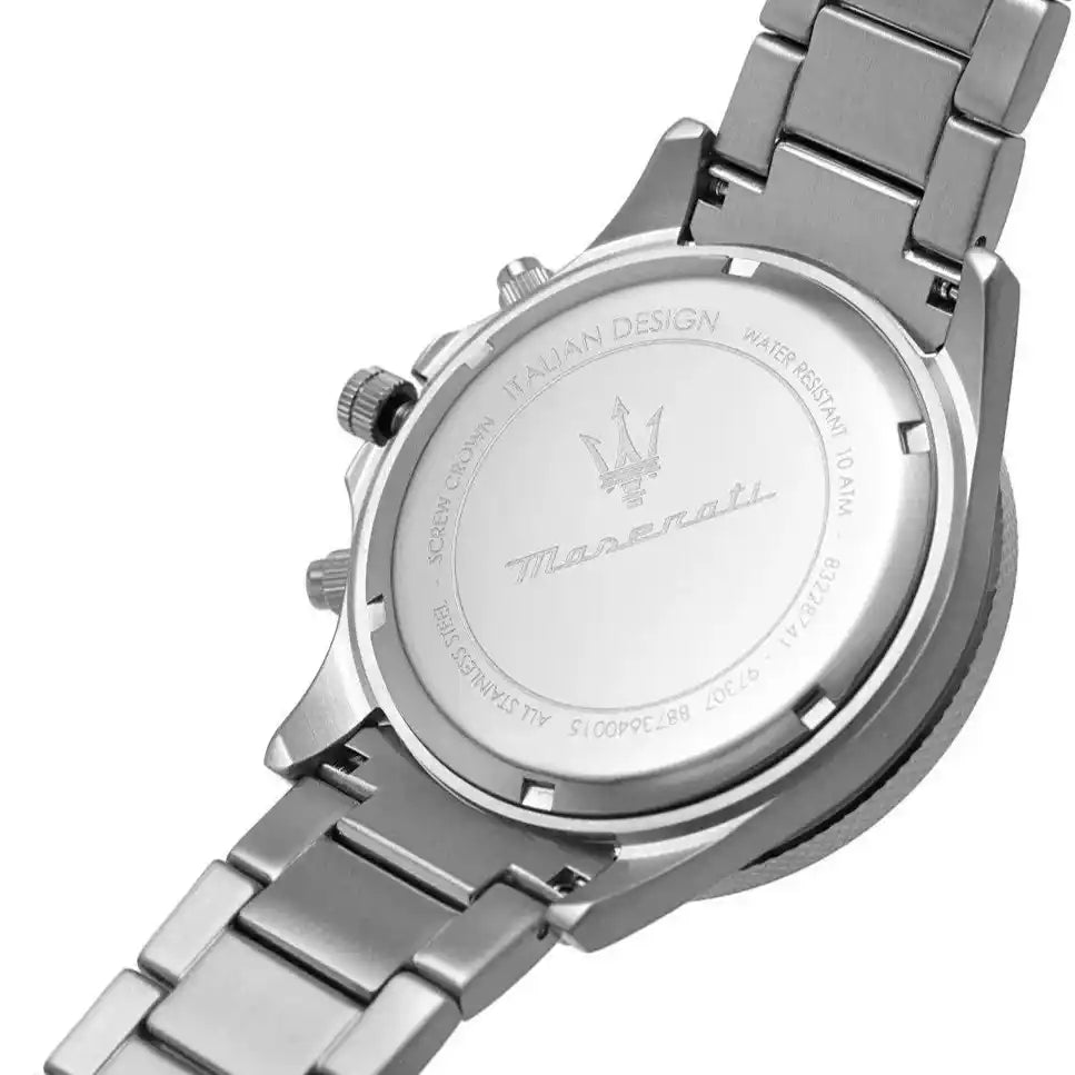Caseback of Maserati Sfida R8873640015 men's quartz battery watch showing technical specs 100m water resistance and metal bracelet