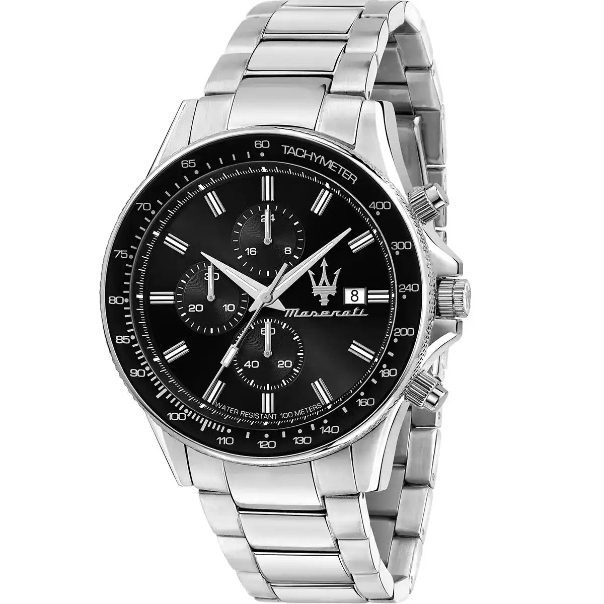 Maserati Sfida R8873640015 men's quartz battery watch with black dial, silver-tone case, black diver bezel, silver stainless steel bracelet main view