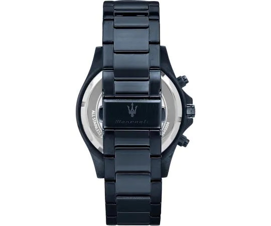 Caseback of Maserati Sfida R8873640023 men's quartz battery watch showing technical specs 100m water resistance and blue metal bracelet