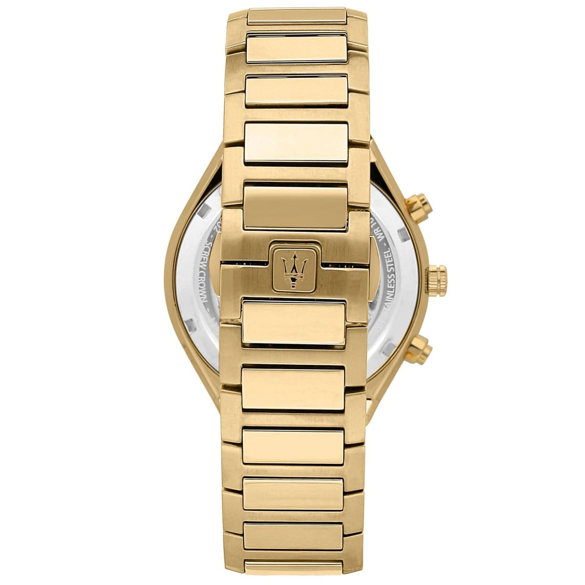 Gold-tone hidden butterfly clasp on Maserati Stile Chronograph R8873642001 men's quartz battery gold integrated bracelet watch