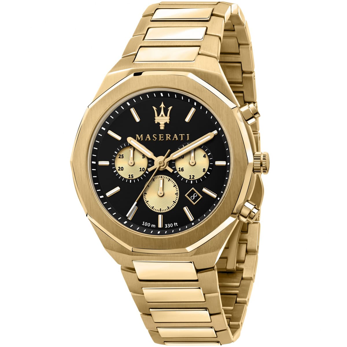 Maserati Stile Chronograph R8873642001 men's quartz battery watch with black dial, gold-tone chronograph sub-dials, octagonal bezel, full gold-tone case and integrated stainless steel bracelet main view