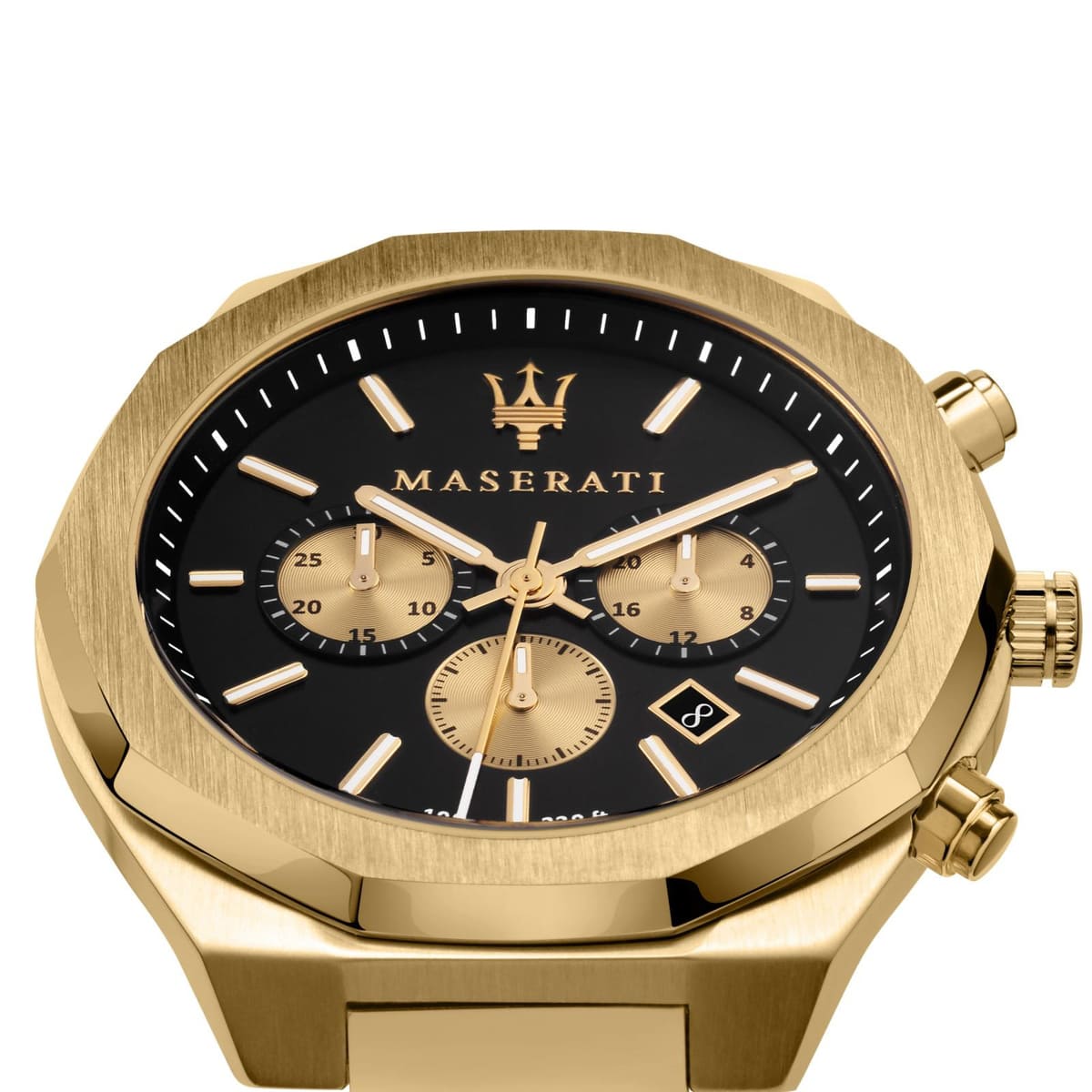 Gold Maserati watch with black dial on a white background