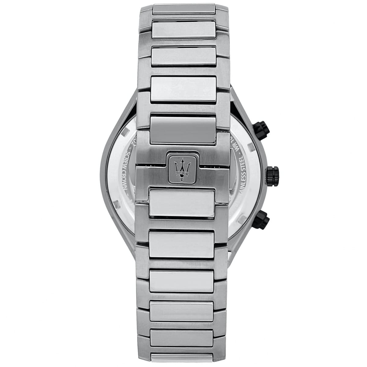 Caseback of Maserati Stile R8873642004 men's quartz battery watch showing technical specs 100m water resistance and metal bracelet