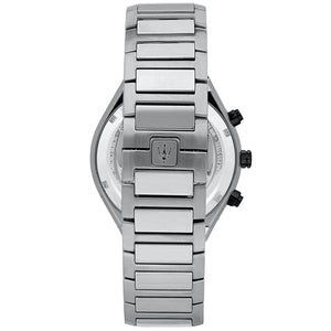 Caseback of Maserati Stile R8873642004 men's quartz battery watch showing technical specs 100m water resistance and metal bracelet