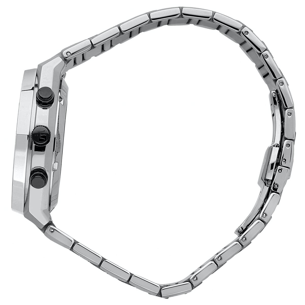 Detailed view of silver-tone crown and black pushers on Maserati Stile R8873642004 men's quartz battery watch with black dial