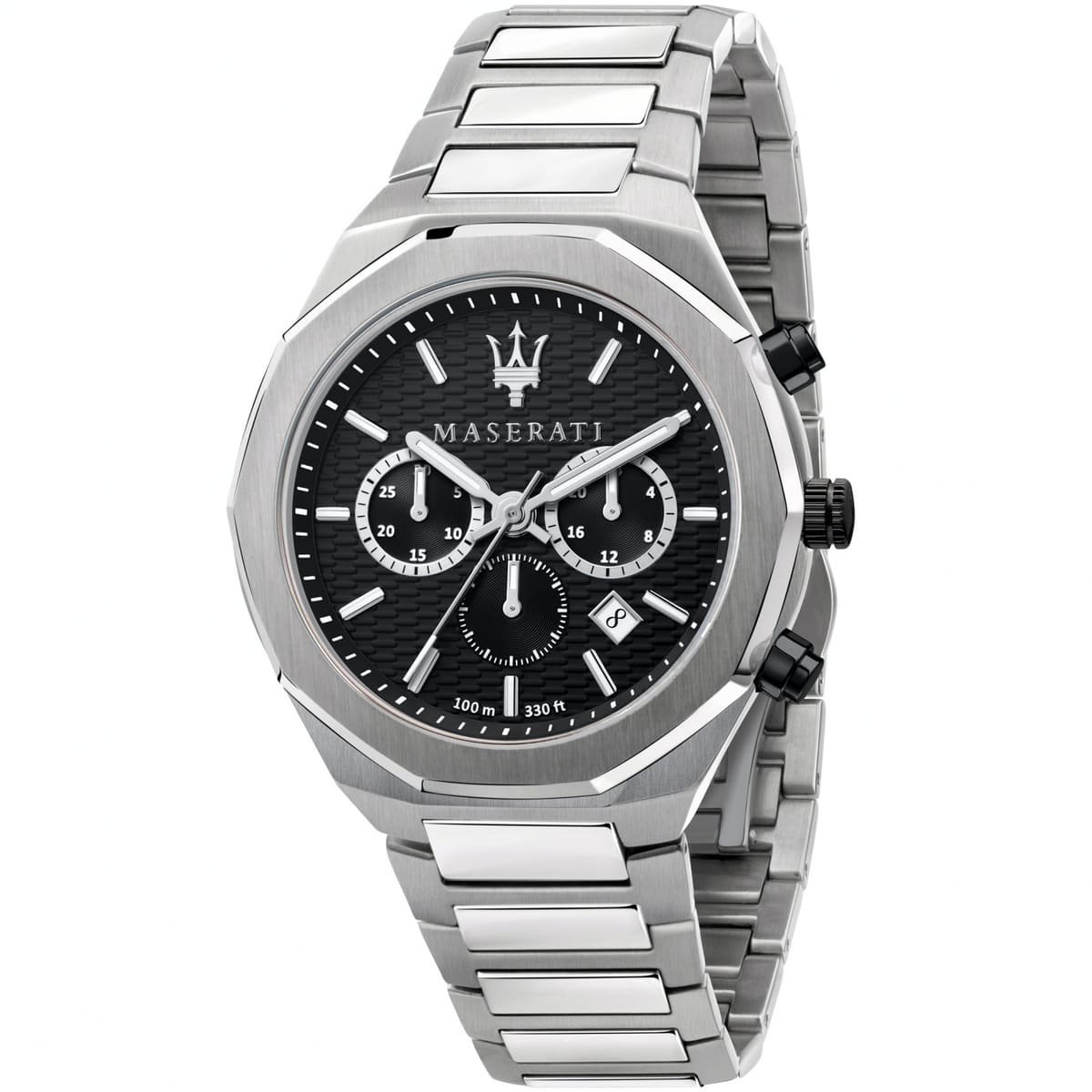 Maserati Stile R8873642004 men's quartz battery watch with black textured dial, silver-tone case, silver stainless steel bracelet main view