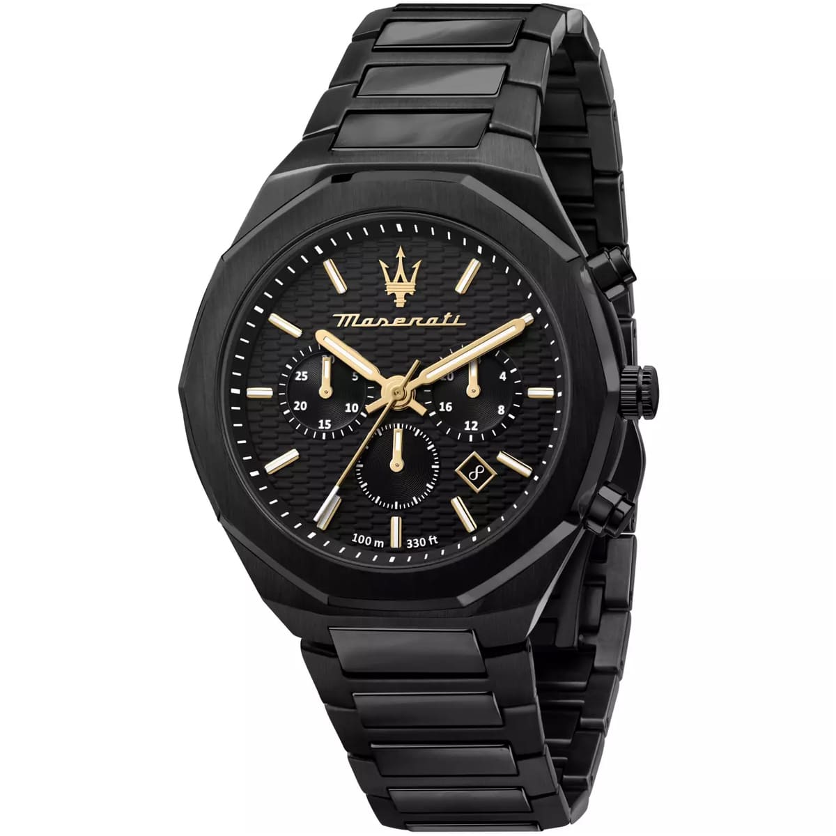 Maserati Stile R8873642005 men's watch with black octagonal case, gold-tone accents, and black link bracelet