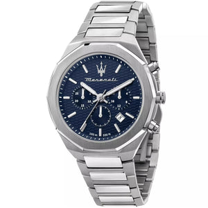 Maserati Stile R8873642006 men's watch with octagonal silver case, blue textured dial, and integrated bracelet