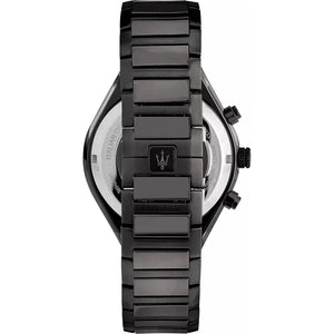 Caseback of Maserati Stile R8873642012 men's quartz battery watch showing technical specs 100m water resistance and metal bracelet