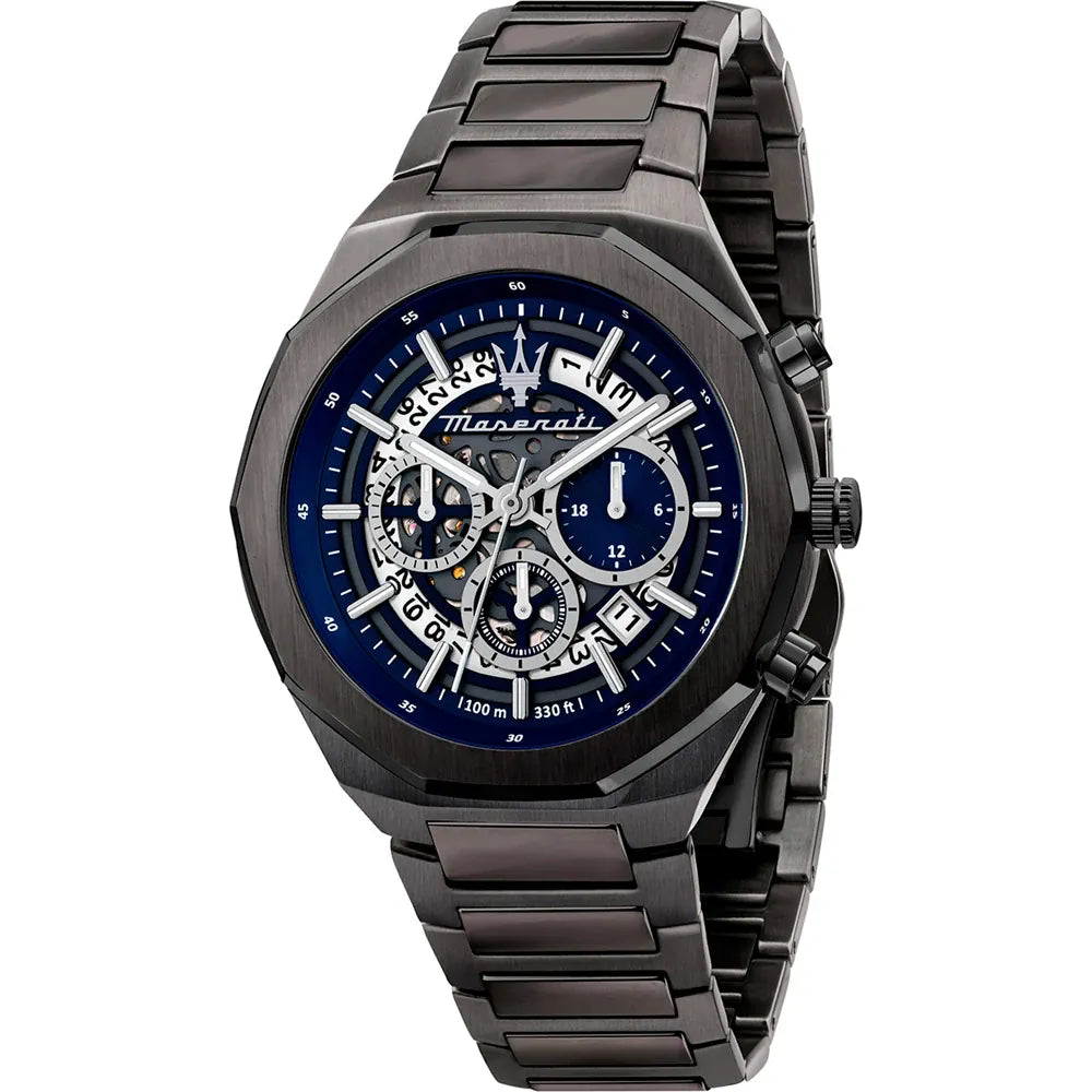 Maserati Stile R8873642012 men's quartz battery watch with blue skeleton dial, gunmetal grey case, gunmetal stainless steel bracelet main view