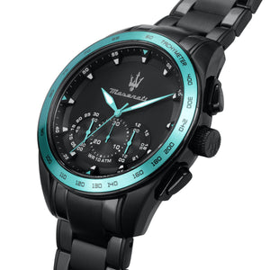 Right angled view of Maserati Traguardo Aqua Edition R8873644002 men's quartz battery watch highlighting black finish and aqua sub-dial details