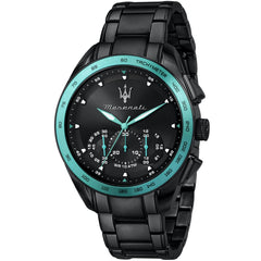 Maserati Traguardo Aqua Edition R8873644002 men's quartz battery watch with black dial, Tiffany blue bezel, Tiffany blue accents, all-black PVD case and stainless steel bracelet main view