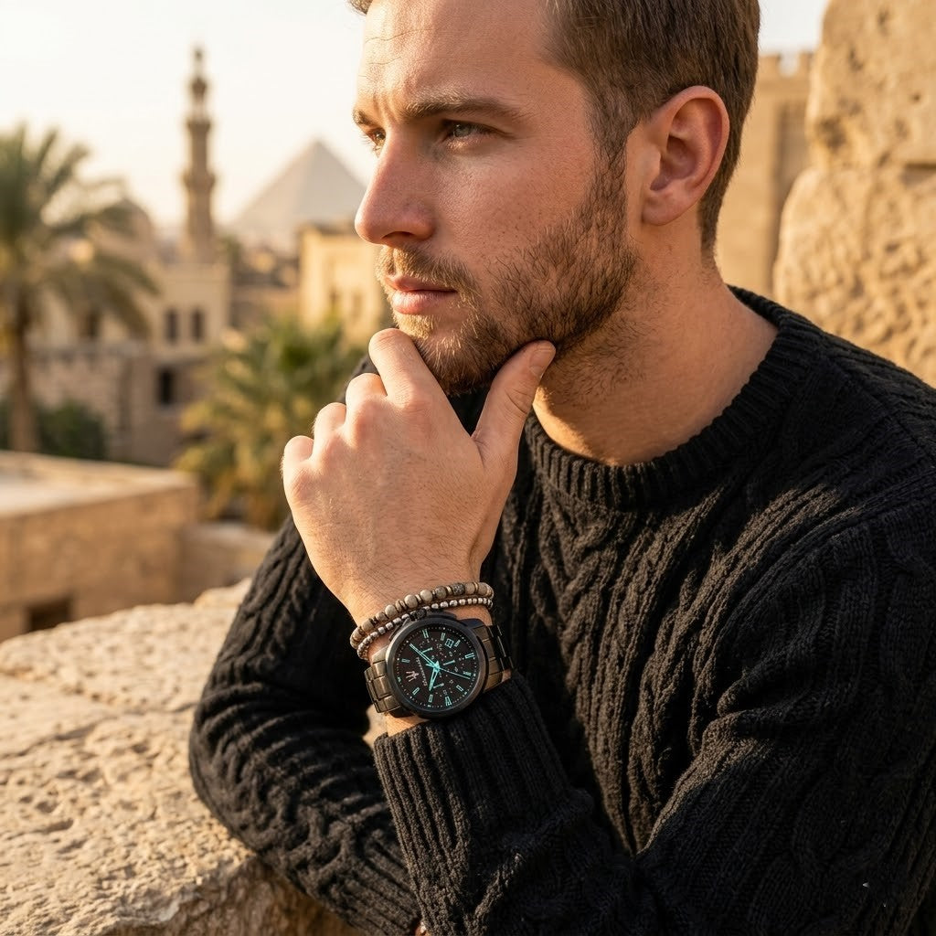 Elegant man wearing Maserati Successo Aqua Edition R8873644004 men's quartz battery watch with black case and luxury Tiffany blue accents