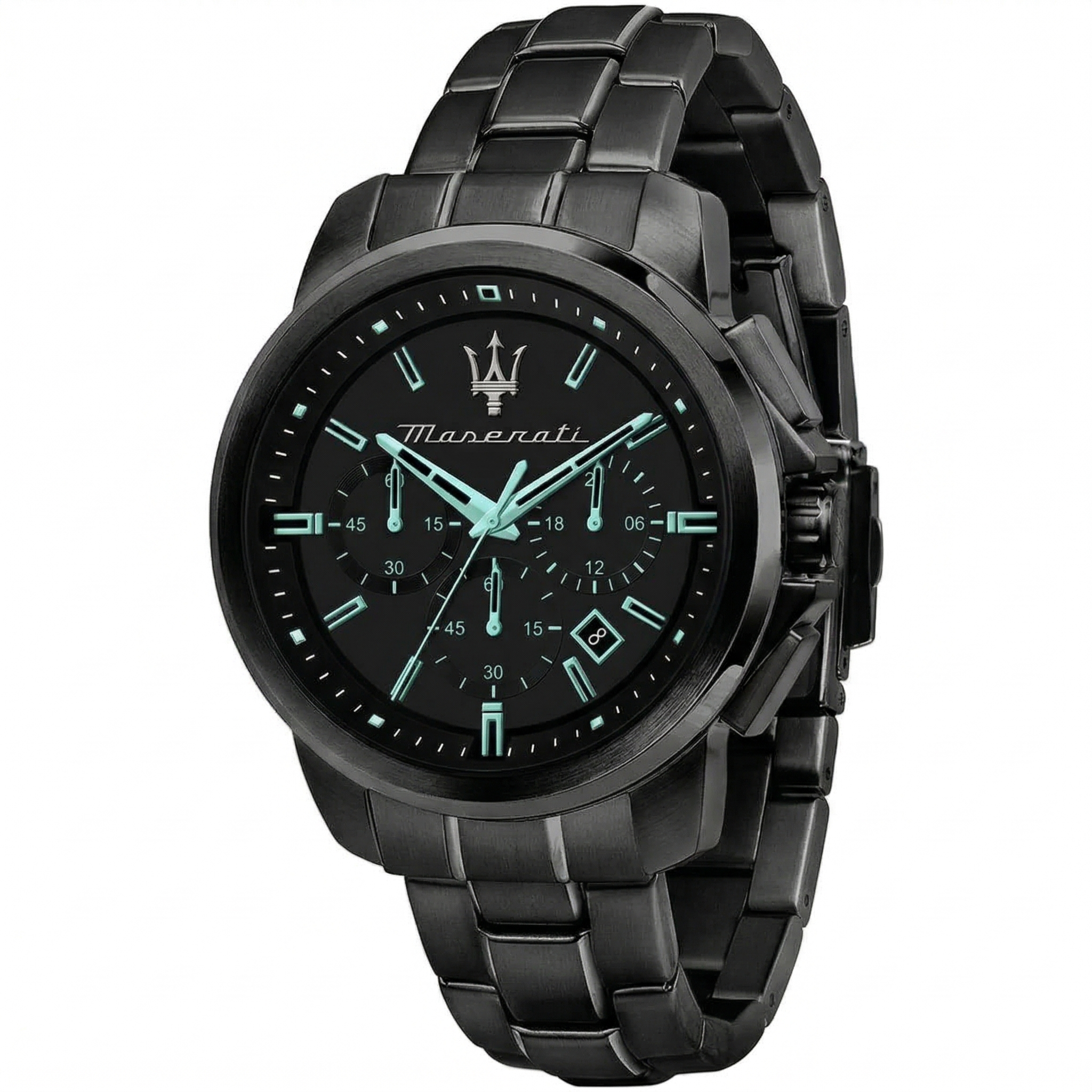 Maserati Successo Aqua Edition R8873644004 men's quartz battery watch with black dial, Tiffany blue accents, all-black PVD case and stainless steel bracelet main view