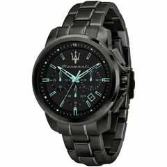 Maserati Successo Aqua Edition R8873644004 men's quartz battery watch with black dial, Tiffany blue accents, all-black PVD case and stainless steel bracelet main view