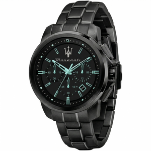Maserati Successo Aqua Edition R8873644004 men's quartz battery watch with black dial, Tiffany blue accents, all-black PVD case and stainless steel bracelet main view
